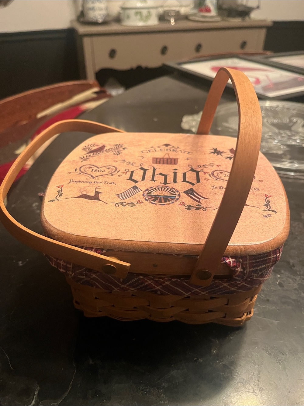 Longaberger Tan Woven Travel Basket Handbag with Printed Lid